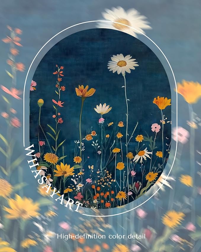 WHASAYART Botanical Floral Canvas Print 8x10 Framed Wildflower Wall Art, Rustic Dark Blue Colorful Flower Artwork, Vibrant Vintage Painting Living Room Kitchen Bedroom Hallway Home Decor