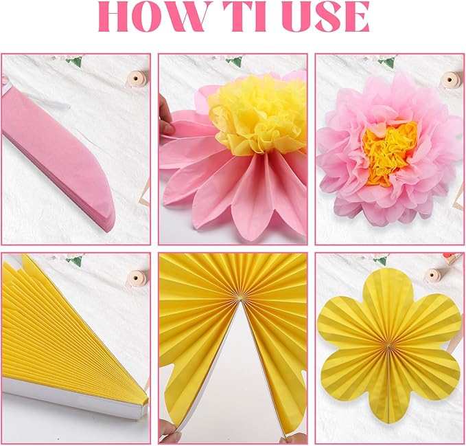 BestoFun 12PCS Paper Flowers Fans Hot Pink Yellow Party Decorations Tissue Paper Flowers Decorations for Girl Groovy Birthday Baby Shower Wedding Bachelorette Room Wall Hanging Décor