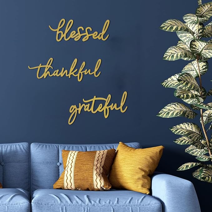 Thankful Grateful Blessed Letter Sign Metal Wall Decor, 3 Piece Gold Letters Wall Art for Bathroom Bedroom Metal Words Wall Decor for Home Decor (Gold)