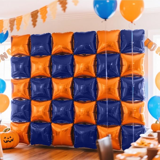 NISOCY 25PCS Navy Blue and Orange Square Foil Balloons Wall Backdrop Double Sided Orange Navy Blue Balloons Arch Kit for Birthday Graduation Anniversary Baby Shower Kids Party Decorations