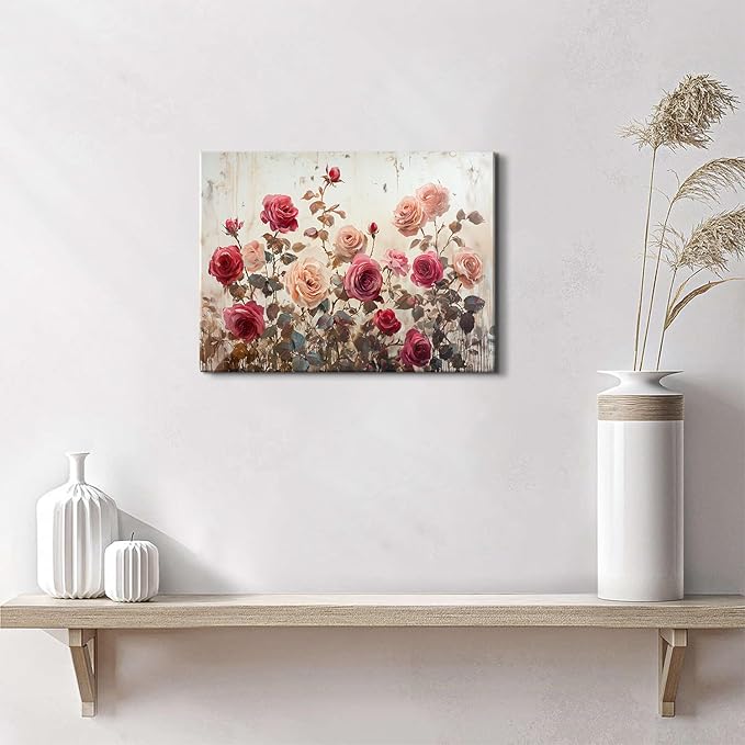 Vintage Flower Wall Art Pink Roses Wall Decor for Bathroom Retro Botanical Canvas Prints Rustic Farmhouse Floral Pictures Wall Decor Spring Wildflower Artwork Living Room Bedroom Home Decoration 12x16"