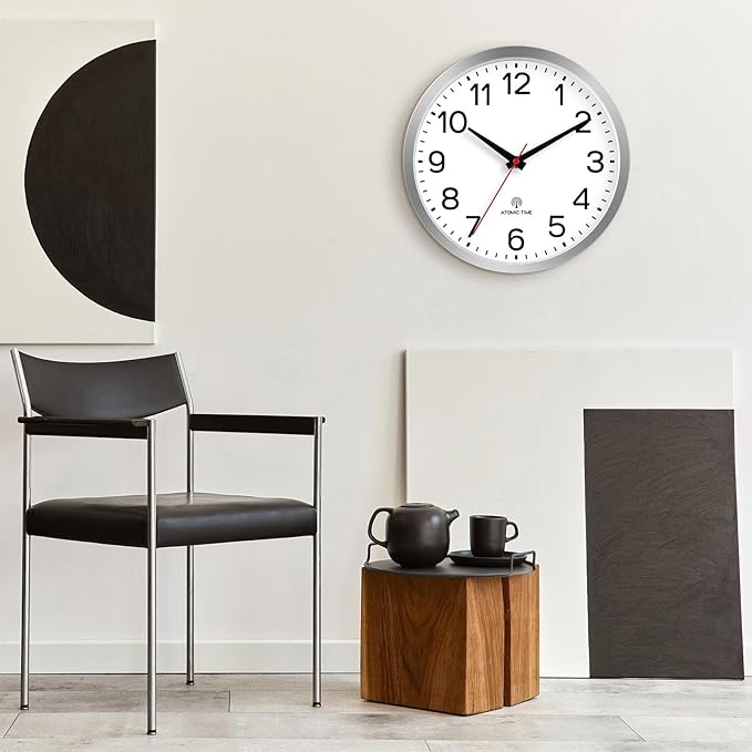 AKCISOT Atomic Silver Wall Clock Analog Clocks Battery Operated Clock for Bedroom Office Classroom Living Room(10 Inch)