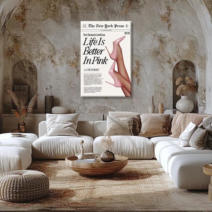 Trendy Baby Pink Poster 70s Canvas Prints The New York Press Wall Art Life Is Better in Pink Hot Girl Posters Preppy Aesthetic Decor Bedroom for Cool Girly Room Home Dorm 24x36inch Framed