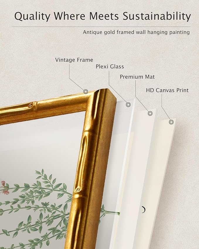 VIYYIEA Bamboo Detail Design Gold Framed Wall Art, Vintage Framed Landscape Wall Art Decor, Sunlit Village Path Bathroom Pictures, Vintage Artwork Decor Paintings for Bedroom, 11 x 14 Inch