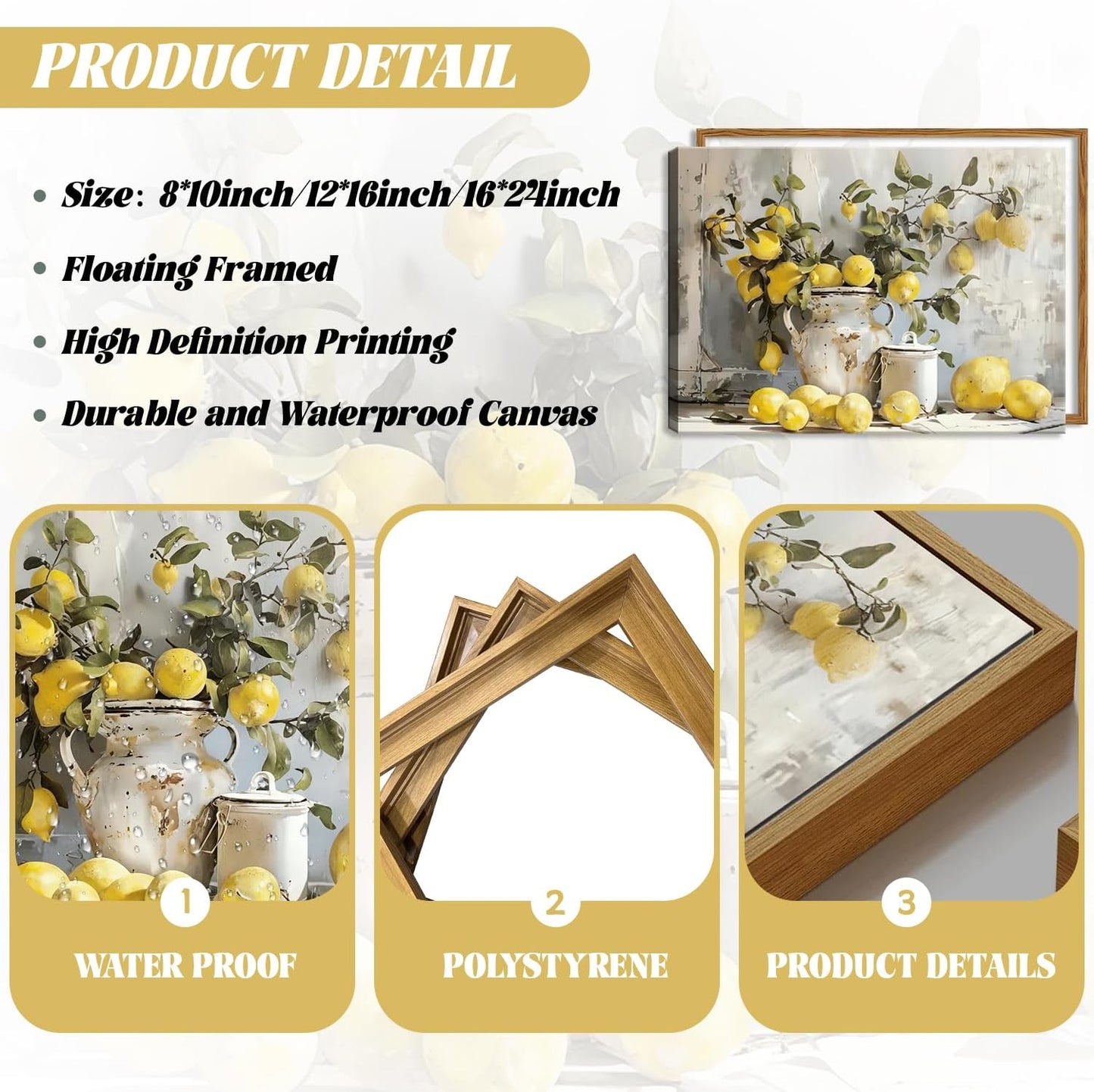 Framed Lemon Kitchen Wall Decor for Dining Room - Vintage Mustard French's Yellow Lemon Kitchen Wall Art, Rustic Oil Paintings Posters Prints for Bathroom Living Room Bedroom 12x16 inch