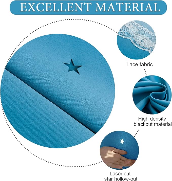 UNISTAR 2 Panels Stars Blackout for Bedroom Living Room Girls Kids Baby Room, Double Layer Star Cut Out Window Curtain, W34 x L84 Inch Length, Turquoise