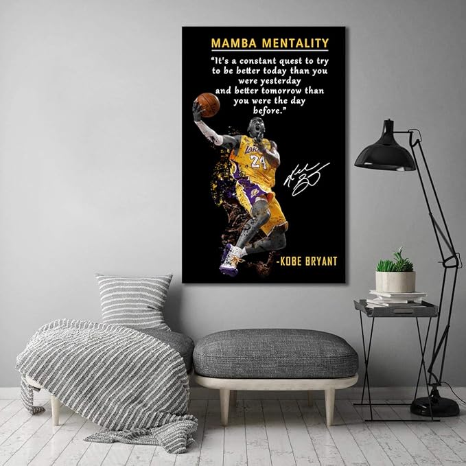 AMART SUN NBA Basketball Player Sports Home Decor • Kobe Bryant Mamba Mentality Quote Poster Inspirational Canvas Wall Art • Motivational Artwork for Home,Office,Gym Wall Decor Framed Ready to Hang
