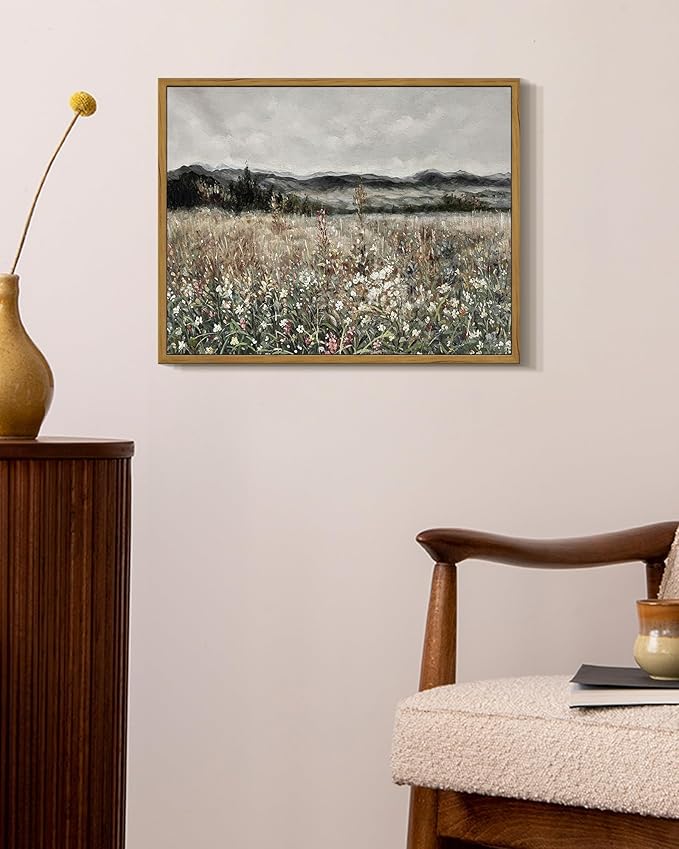 SHENIFY Vintage Landscape Framed Wall Art Meadow Flowers Farmhouse Decor Retro Classic Painting for Kitchen Living Room Bedroom Bathroom - 11x14in Natural Framed