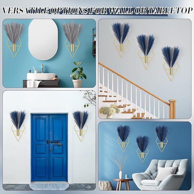 Hanaive 4 Sets Boho Gold Wall Decor Metal Wall Art Hanging Planters with Artificial Pampas Display Art Modern Home Metal Vase for Bedroom Living Room Home Office(Gold, Blue, Light Gray)