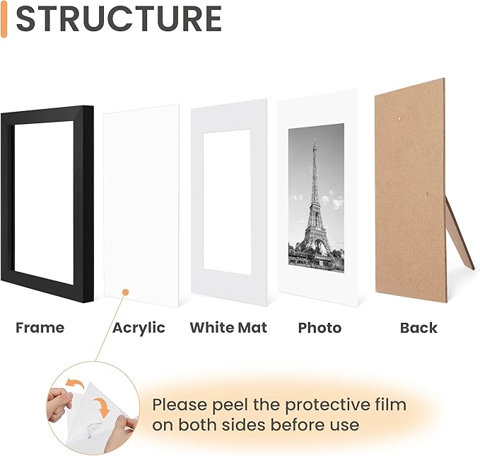 upsimples 8.5x11 Picture Frame Set of 10, Display Pictures 6x8 with Mat or 8.5x11 Without, Multi Photo Frames Collage for Wall or Tabletop Display, Black