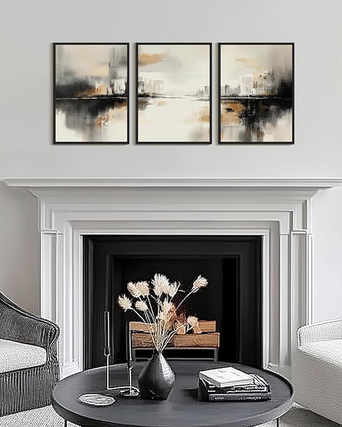 Drsoum Vintage Black Gray Abstract Wall Art Framed Brown Tan Neutral Prints Minimalist Modern Rustic Artwork Bedroom Living Room Ready to Hang 12x16in Black Framed