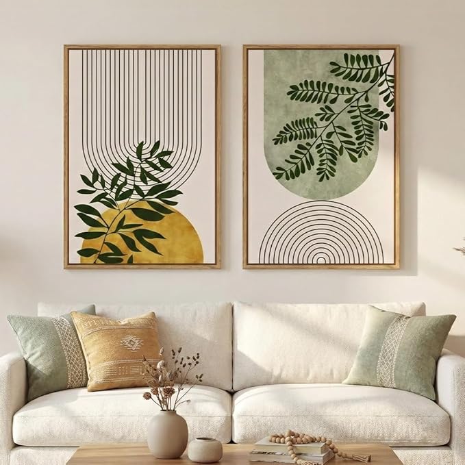 Framed Green Boho Wall Art for Living Room, Large Set of 2 Geometric Botanical Artwork for Walls, Bohemian Modern Neutral Canvas Painting Prints for Bedroom Office Kitchen Hallway Wall Decor, 20x30 In