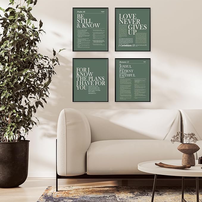 Locomiss Sage Green Christian Wall Art Decor, Modern Bible Verse Prints, Minimalist Jesus Scripture Wall Decor, Green Inspirational Bible Posters for Bedroom Office Living Room,Set of 4(8x10 Unframed)