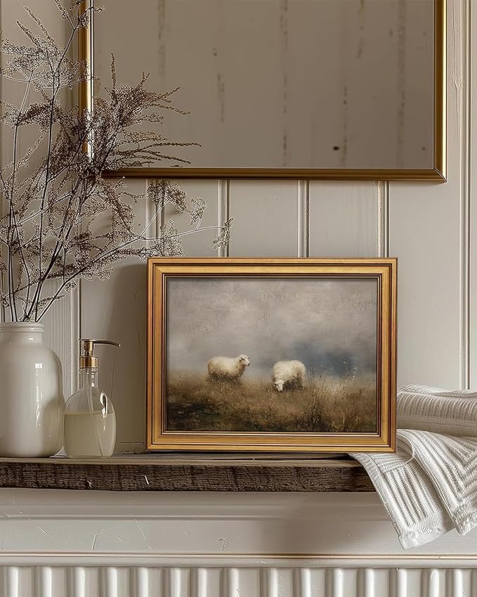 InSimSea Gold Framed Canvas Prints Wall Art, Vintage Sheep Nursery Decor, Pastoral Landscape Paintings Farmhouse Wall Decor Aesthetic, Antique Pictures for Bedroom Living Room Shelf, 12x16inch