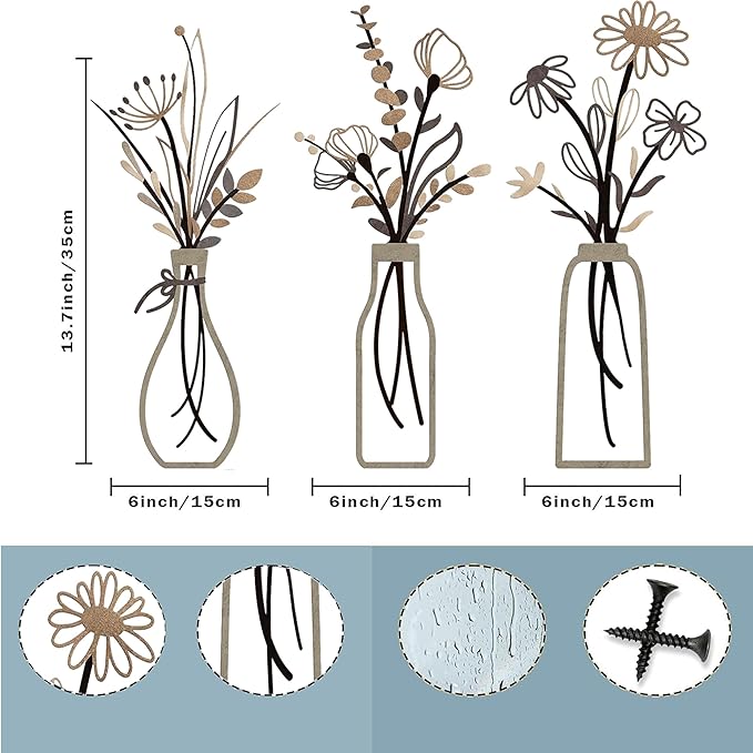 Nonforgetta 3 Pieces Metal Flowers Wall Arts - Rustic Farmhouse Style Décor Metal Wall Art Black Minimalist Flower Natural Themed Wall Decors for Home Bedroom Dining Room Housewarming (Brown)