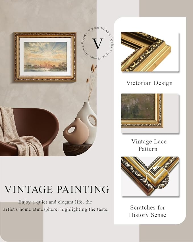 VIYYIEA Gold Framed Serene Watercolor Landscape Sunrise, Elegant Coastal Wall Art for Living Room | Modern Home Decor - No Glass Design, Lightweight Canvas Painting, Chic Accents - 11x14 Inch