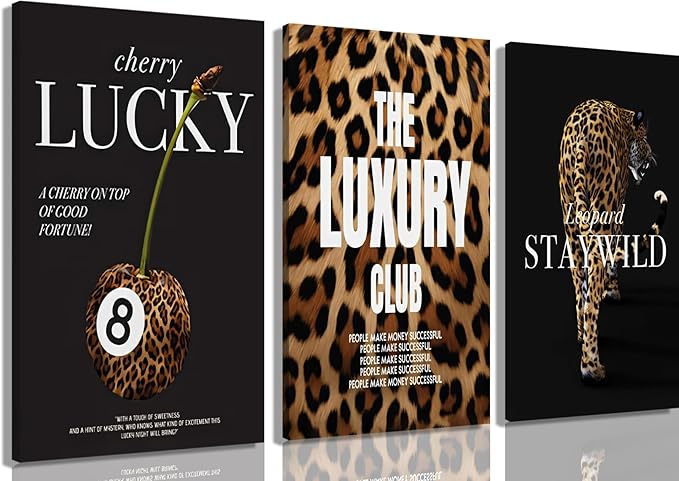 Fashion Leopard Wall Art Set of 3, Trendy Animal Print Canvas Wild Cheetah Inspirational Lucky 8 Ball Painting Wall Decor Artwork for Girls Bedroom Living Room Office Bar Home Decor 12x16 in Framed