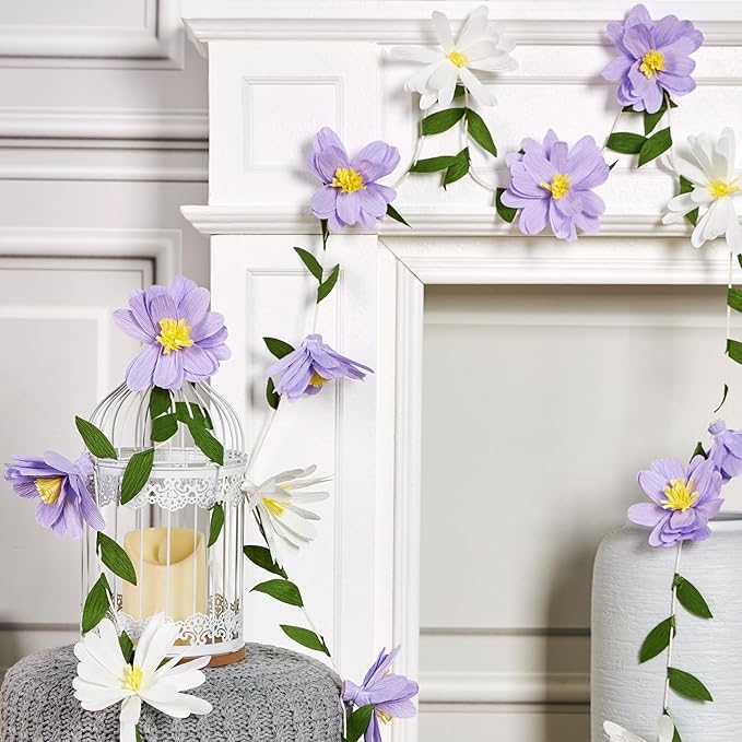 EASY JOY Crepe Paper Flowers Banner White Purple Spring Flower Garland Hanging Paper Florid Garland Leaves Banner for Spring Birthday Wedding Home Decorations