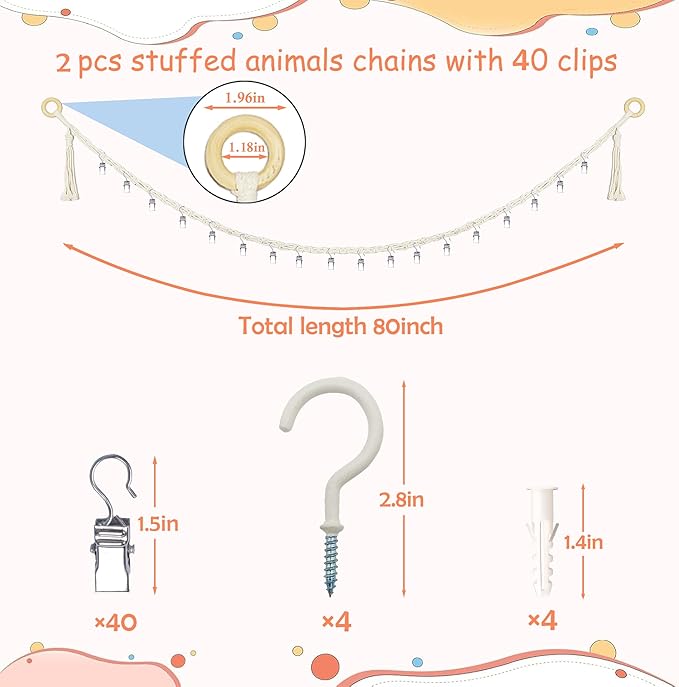 2PCS Stuffed Animals Storage Chain Organizers 80" Cotton Hanging Storage Chain with 40 Metal Clips Stuffed Animal Display Holder Chain for Wall or Corner Nursery Play Room