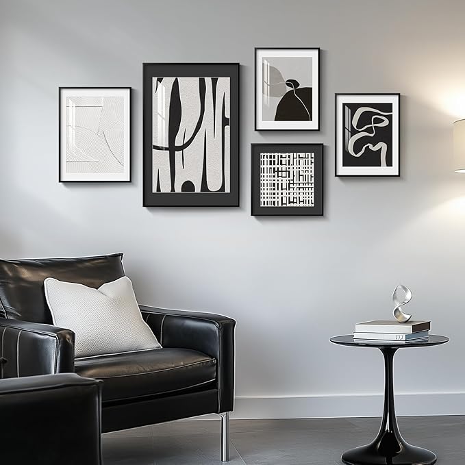 Framed Black and White Abstract Wall Art for Living Room, 5 Piece Modern Prints Paintings Artwork for Walls, Minimalist Black White Pictures for Hallway, Dining Room, Bedroom, Home Office Wall Decor