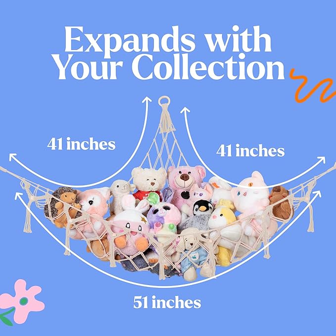 Lilly's Love Stuffed Animal Storage Macrame Hammock w/String Lights, Large - Boho Room Decor Toy Storage - Corner Hanging Plushie Stuffed Animal Net Organizer (White)