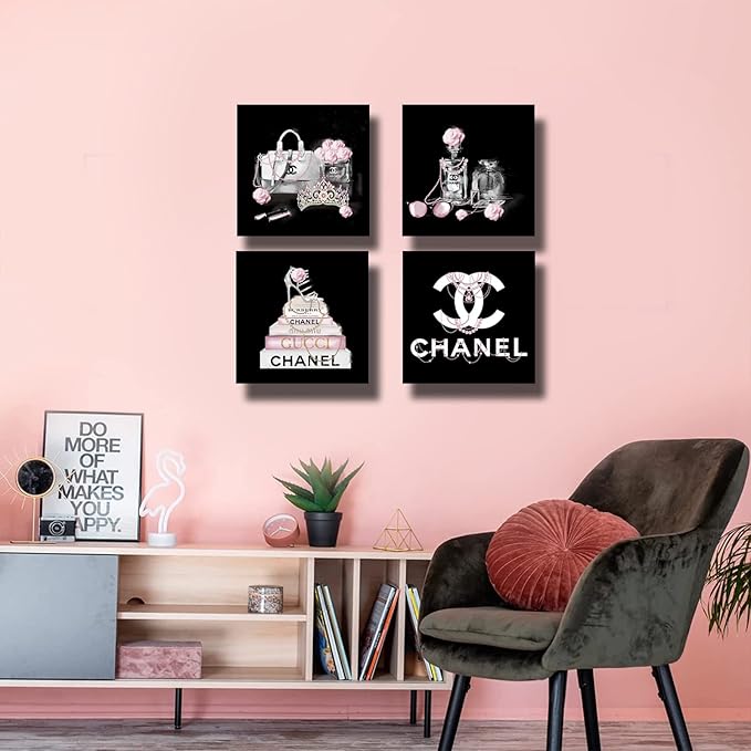 Black And White Wall Art/Pink Book Pictures Room Decor for Teen Girls/Women Handbag Perfume Wall Decor for Living Room/Fashion Canvas Artwork Size 10"x 10"x 4 Pieces