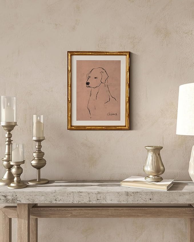 InSimSea Gold Bamboo Framed Canvas Wall Art, Minimalist Dog Sketch Animal Paintings, Antique Vintage Picture Frame with Mat, Victorian Home Wall Decor for Living Room Bedroom Gallery, 11x14inch