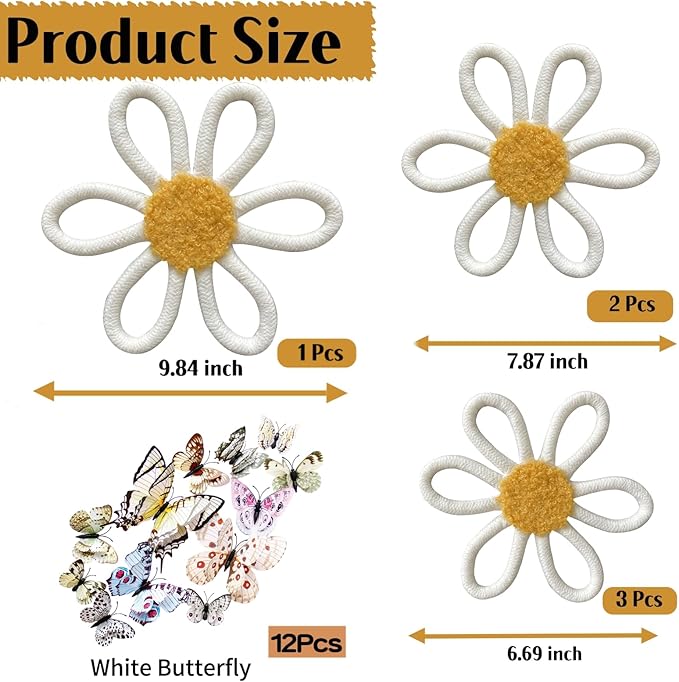KUNHEHO Boho Wall Decor Set of 6 Daisy Flower with 12pcs Butterflies Wall Decors Nursery Wall Decor Bohemian Macrame Wall Hanging Decor for Nursery Home Bedroom (White)