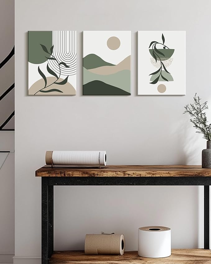Drsoum Green Botanical Boho Wall Art Framed Modern Sage Bohemian Plant Wall Decor Abstract Geometry Lines Artwork Hallway Bedroom Prints Ready to Hang 12x16in Framed