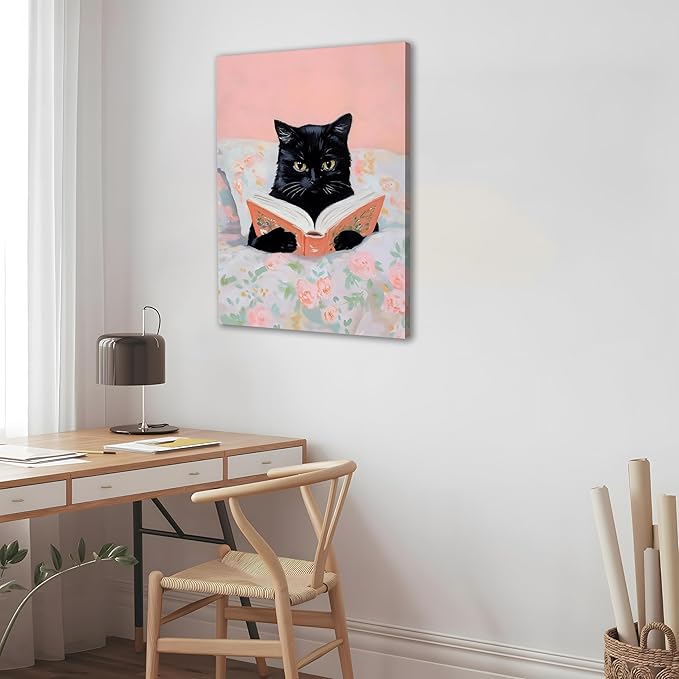 Framed Cats Canvas Wall Art, Funn Black Cat Reading Books Picture Wall Decor, Pink Vintage Animal Poster Prints for Girls Room Bedroom Kids Room Living Room Bathroom Decor 16x24 inch
