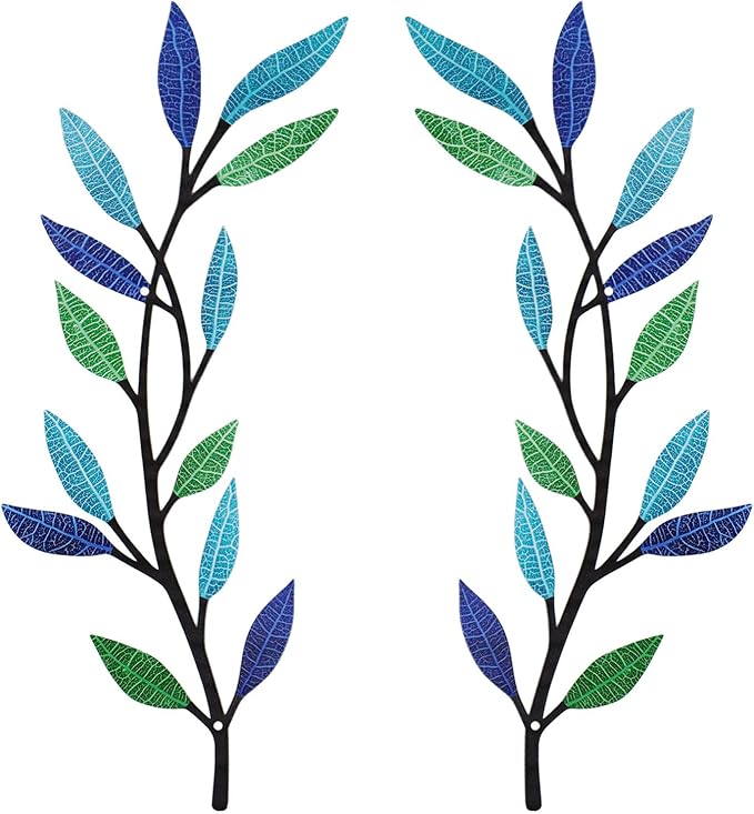 Metal Tree Leaf Wall Decor 2 PCS Rustic Vine Branch Leaf Wall Art for Living Room Bedroom Bathroom Decorations - Bright Color