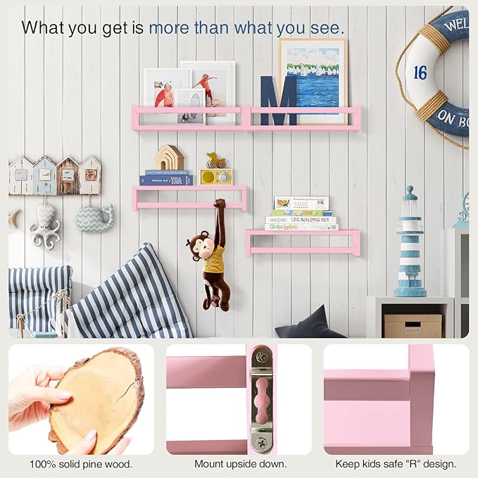 Forbena Pink Floating Shelves for Wall, Aesthetic Wall Bookshelf for Girls Room Decor, Wood Nursery Bookshelves for Toddler Kids Bedroom Book and Toy Storage Organizer (Set of 4, Pink)