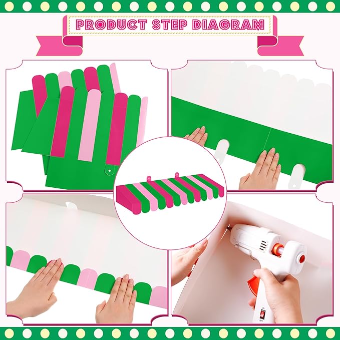 Boao 4 Pack Circus Awning Decoration 3D Stripe Cardboard Awning Carnival Wall Decor Circus Party Favors for Lemonade Stand Bakery Ice Cream Truck Bulletin Board Decor(Red Pink and Green)
