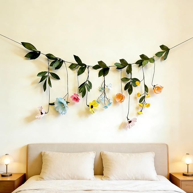 Handmade Wildflower Garland, Pastel Paper Flower Floral Wall Hanging Decor with Assorted Blooms for Home Decor, Wedding Backdrop, Party Decoration