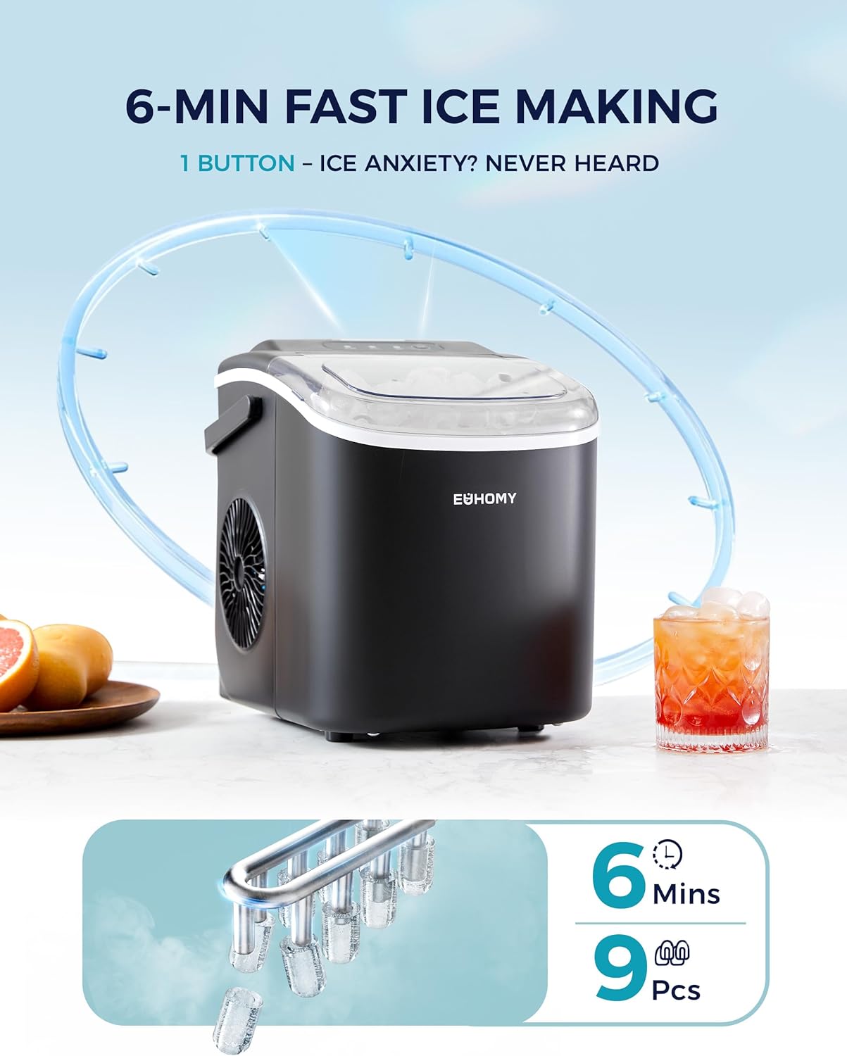 EUHOMY Countertop Ice Maker Machine with Handle, 26lbs in 24Hrs, 9 Ice Cubes Ready in 6 Mins, Auto-Cleaning Portable Ice Maker with Basket and Scoop, for Home/Kitchen/Camping/RV. (Black)