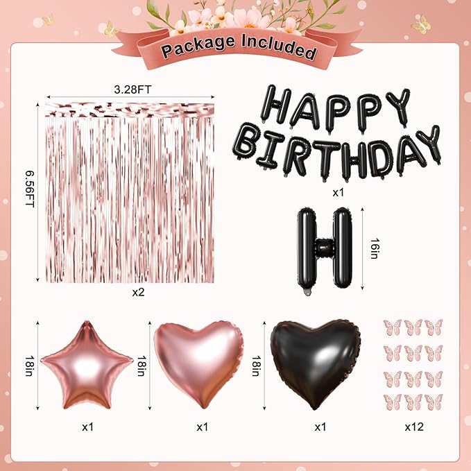 Rose Gold and Black Birthday Decorations for Women Girls, Pearl Metallic Rose Gold Black Foil Confetti Balloons Happy birthday Banner Gold Butterfly Fringe Curtains for Birthday Party Women Girls