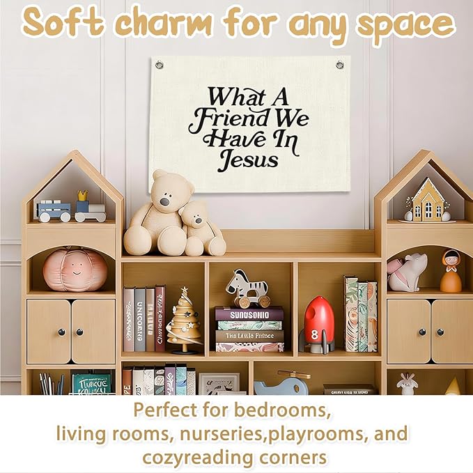 RTXLEZM Kids Room Decor, What a Friend We Have in Jesus Christian Canvas Banner Wall Hanging, Minimalist Bible Verse Wall Art Prints for for Classroom, Playroom，Nursery, Kids Room, 20x30 Inch