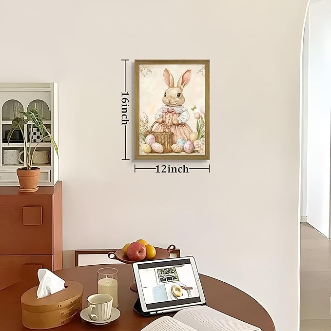 Framed Easter Bunny Wall Art, Vintage Holiday Decor Oil Painting, Rustic Farmhouse Spring Animal Wall Decor, Cute Rabbit Easter Eggs Canvas Print Paintings for Living Room Bedroom Nursery 12x16 Inch