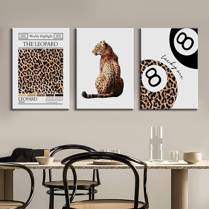 Trendy Leopard Wall Art Cheetah Print Canvas Wall Decor 8 Ball Poster Preppy Room Aesthetic Pictures Funky Coquette Vintage Prints Y2k Fashion Lucky Posters for Bedroom 12x16x3 Inch Wrapped Canvas