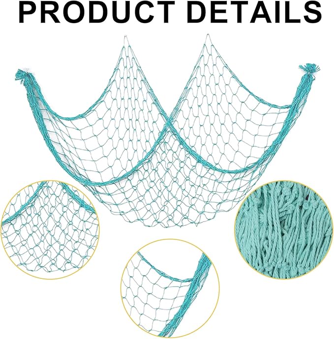 2 PCS Fish Net Decorations, 80 x 40 Inch, Ocean Themed Party Decor Beach, Nautical Wall Hanging Fishing Net for Coastal Bedroom, Bathroom, or Under The Sea Party Decorations (Aqua)