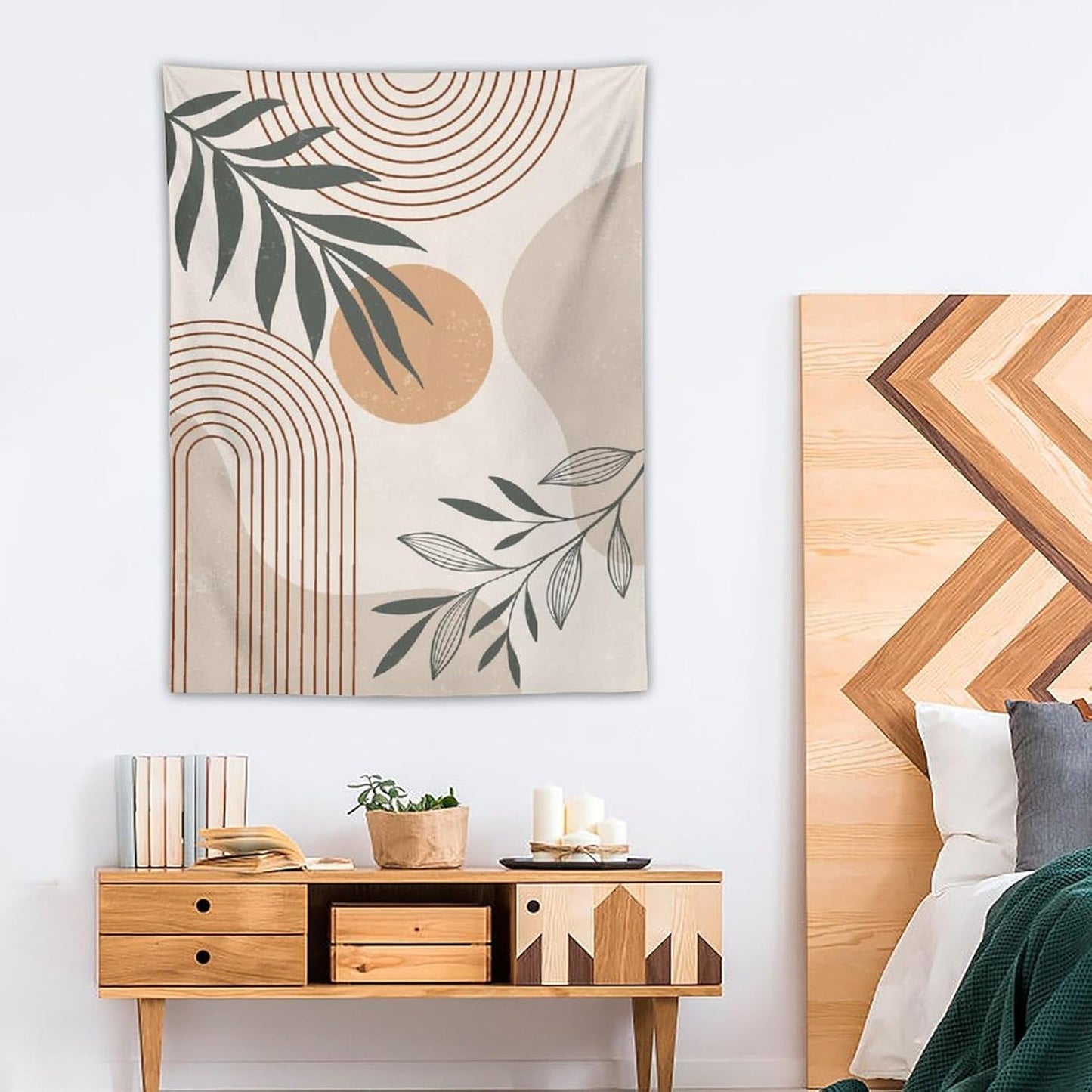 Abstract Boho Tapestry, Mid Century Tropical Tree Leaves Modern Geometric Arch Bohemian Botanical Tapestry, Home Aesthetic Wall Hanging Art Decor for Living Room Bedroom Dormitory 60x60 Inch
