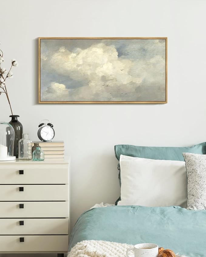 SHENIFY Vintage Landscape Framed Wall Art Sky Cloud Nature Farmhouse Decor Retro Classical Painting for Kitchen Bedroom Living Room Bathroom - 8x16in Natural Framed