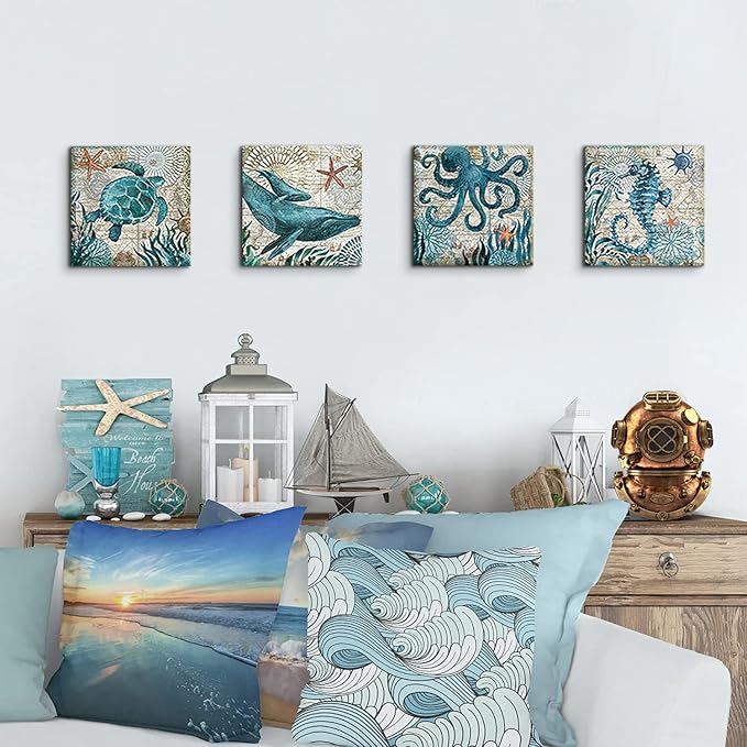 Coastal Beach Wall Art for Living Room Sea Turtle Pictures Bathroom Wall Decor Teal Blue Nautical Themed Seahorse Canvas Painting Ocean Animal Whale Posters Bedroom Kitche Home Decoration 8x8" 4