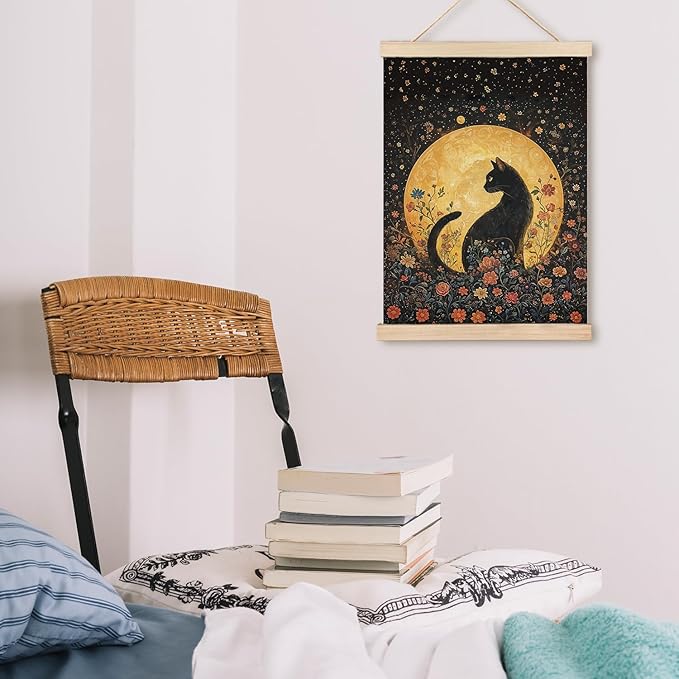 LZYRF Witchy Black Cat Full Moon Wall Art Poster Framed, Dark Cottagecore Decor, Whimsical Mystical Black Cat Floral Canvas Prints Wall Decor for Home Bedroom Living Room, 12x16 Inch
