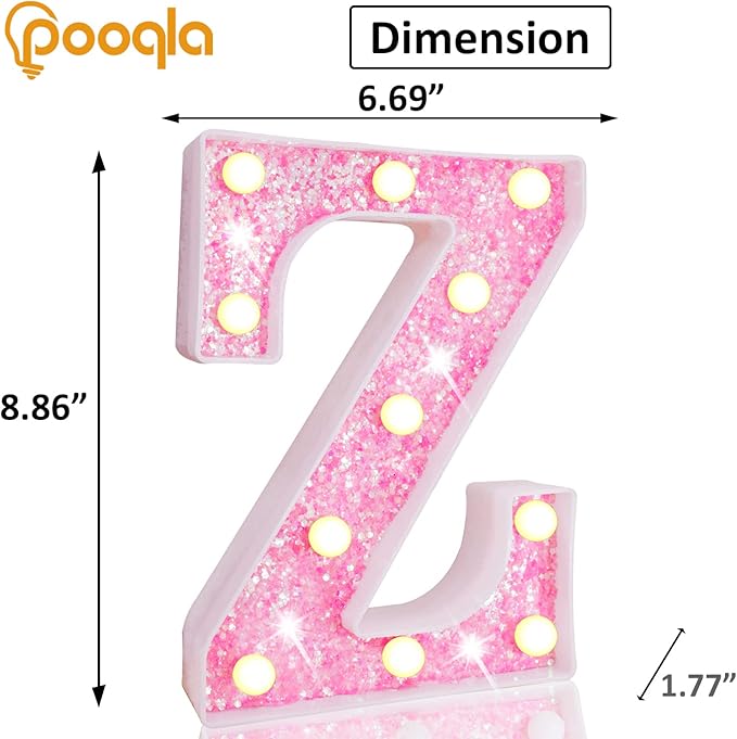 Pooqla LED Marquee Letter Lights, Pink Glitter Light Up Letters Alphabet Sign Battery Powered Night Light, Birthday Party Wedding Girls Gifts, Christmas Room Dorm Bedroom Decoration, Pink Letter Z