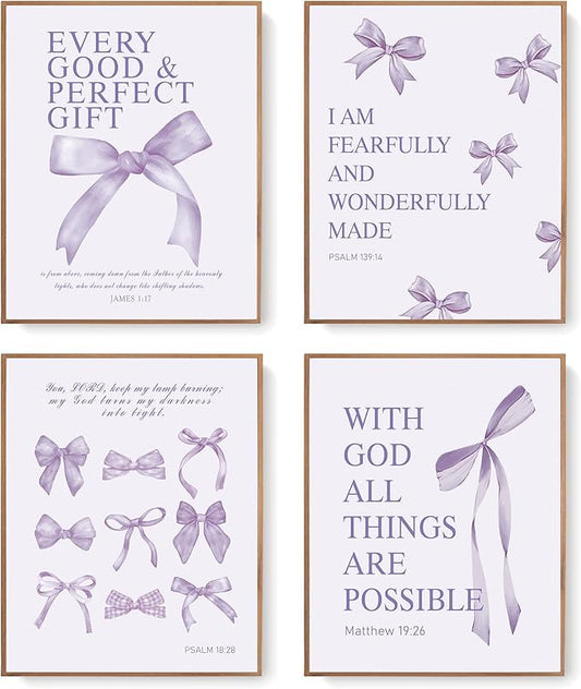 LARTSFRO Coquette Purple Bow Wall Art Decor Posters, Purple Bow Christian Room Bedroom Bathroom Dorm Wall Art Decor for College Teen Girls Kids Gifts, Inspirational Bible Verses Bow Wall Decor, 10x8 Inch Set of 4 Pcs Bow Pictures (UNFRAMED)