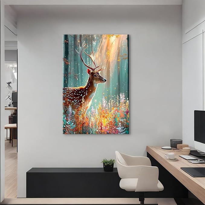Fall Forest Wall Art Deer Wall Decor Rustic Wildlife Animal Painting Nature Autumn Landscape Canvas Prints Colorful Flowers Picture Farmhouse Elk Artwork for Kitchen Living Room Home Decoration 32x48"