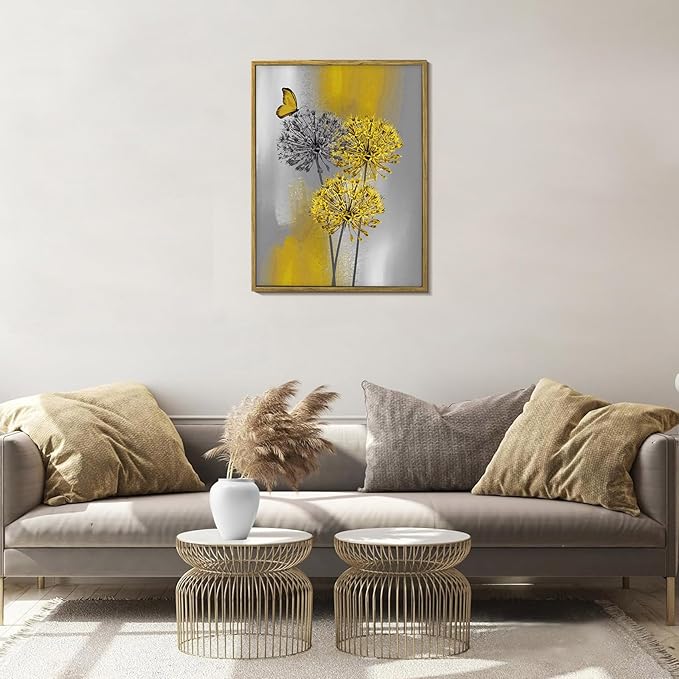 LB Yellow Dandelion Framed Wall Art with Butterfly - Modern Yellow Grey Canvas Wall Art for Home Contemporary Aesthetic Wall Decor for Home, Ready to Hang 17x12 Inch, Living Room Bedroom Bathroom Decor
