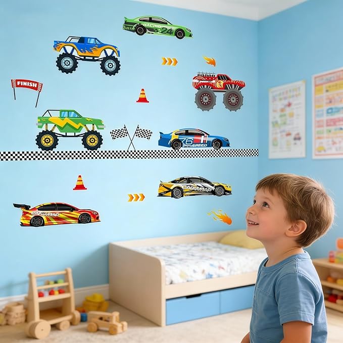 Car Wall Decals for Boys Kids: Racing Cars Theme Peel and Stick Removable Vinyl Wall Stickers for Boys Room Kids Bedroom Walls Decor Ages 1-12 Years