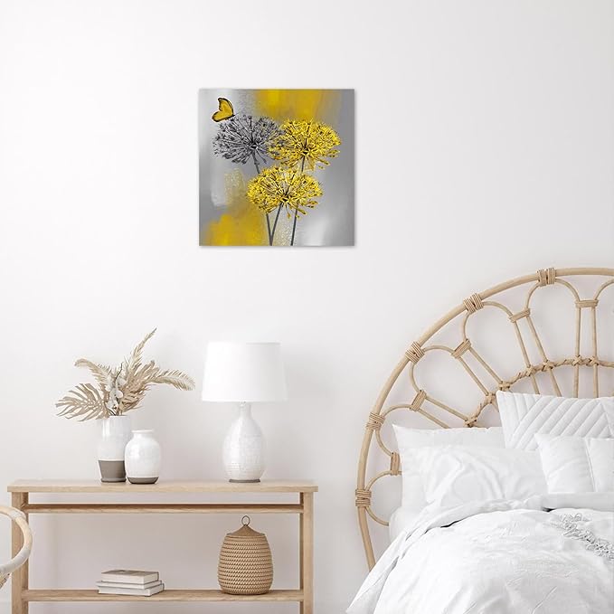 LB Yellow Dandelion Canvas Wall Art Yellow Grey Dandelion with Butterfly on Modern Abstract Wall Art Aesthetic Wall Decor for Living Room Bedroom Bathroom Office Framed Ready to Hang 12L x 12W